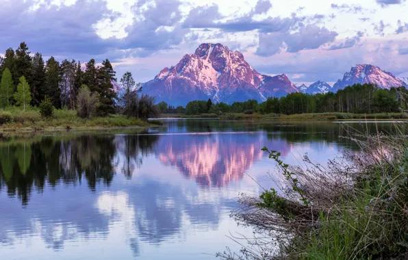 Forest, mountains, reflection, river, dawn, morning, Wyoming, Wyoming
