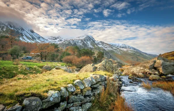Mountains, nature, river, stones, car, Wales, Snowdonia