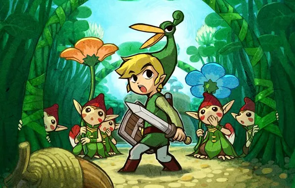 Grass, flowers, hat, sword, beak, hero, sword, shield