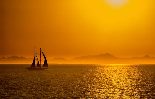 Sea, landscape, sunset, yacht, silhouette