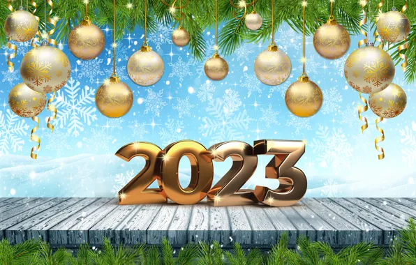 Picture winter, snow, snowflakes, balls, New Year, figures, metal, golden