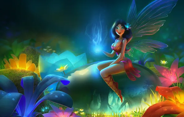 Girl, flowers, magic, glade, drop, wings, fairy, fantasy