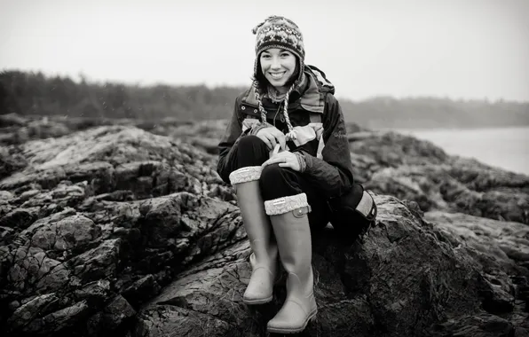 Picture girl, smile, lake, rocks, hat, boots, lips, hood