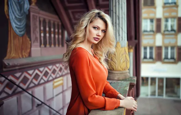 View, orange, lips, hair, blonde, shirt, Ekaterina, Lods Frank