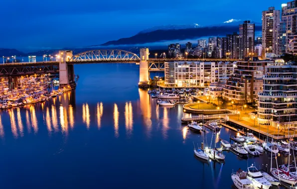 Forest, mountains, Marina, home, yachts, the evening, port, Canada