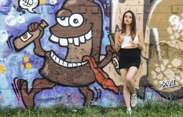 Picture summer, look, wall, graffiti, model, hair, beauty, Carlotta