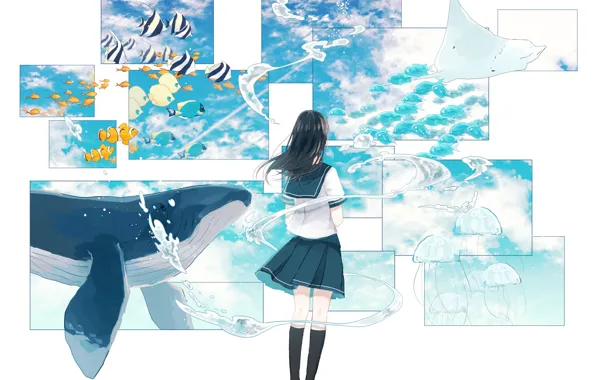 Girl, fish, fish, aquarium