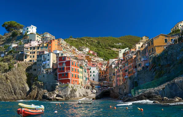 Sea, rock, shore, home, boats, Italy, town, Italy