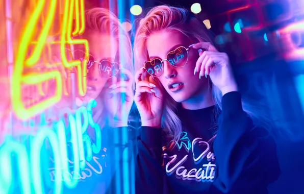 Girl, night, lights, neon, makeup, glasses, hairstyle, blonde
