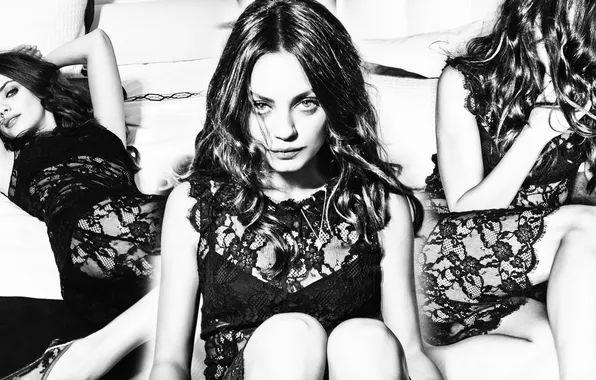 Look, girl, collage, lace, Mila Kunis, black and white photo