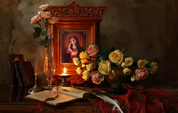Candle, bouquet, icon, Still life with flowers and icon