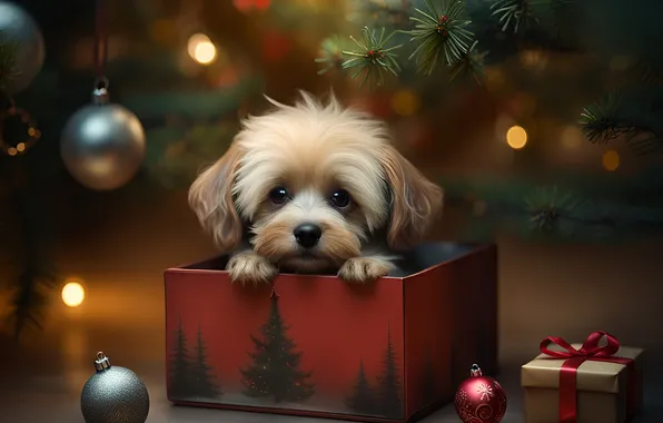 Look, balls, lights, box, gift, dog, Christmas, puppy