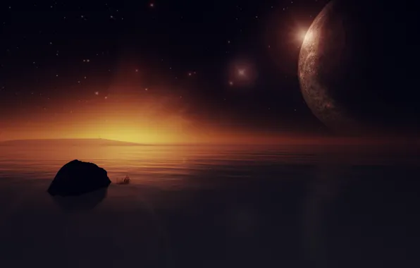 Picture water, stars, sunset, lake, planet, render