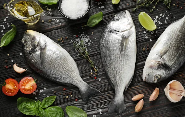 Greens, table, fish, salt, fresh fish