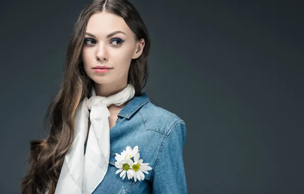Flowers, background, portrait, makeup, hairstyle, brown hair, beauty, scarf
