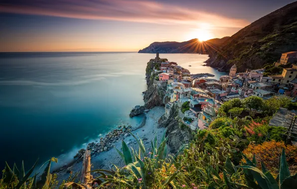 Sea, sunset, coast, Italy, panorama, Italy, The Ligurian sea, Vernazza