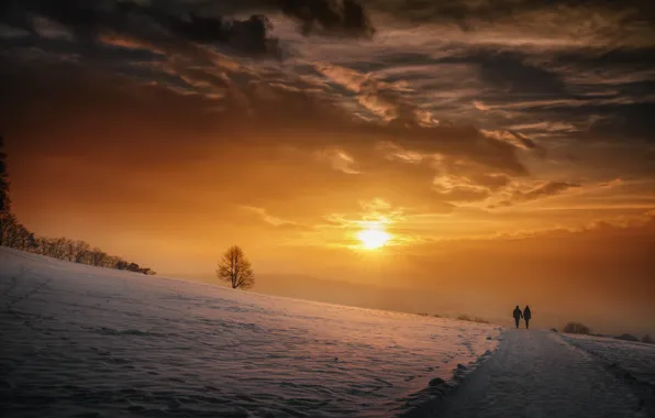 Road, sunset, people