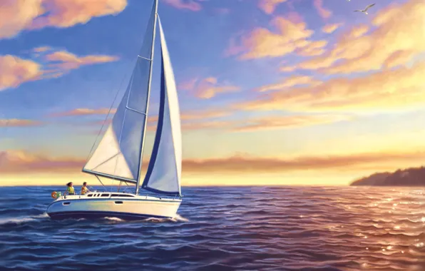 Picture picture, painting, painting, colorful sailboats at sunset