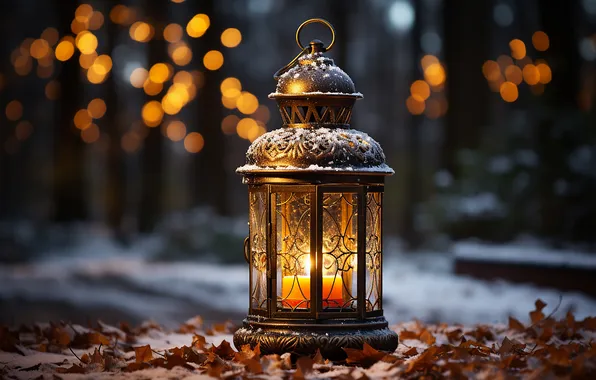 Winter, snow, night, Christmas, lantern, New year, Christmas, night