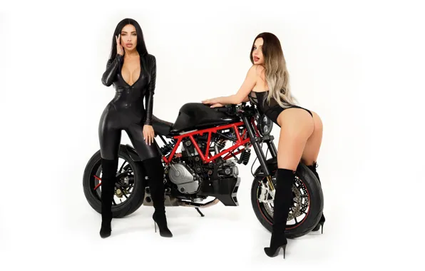 Ass, ass, pose, boots, brunette, blonde, motorcycle, white background