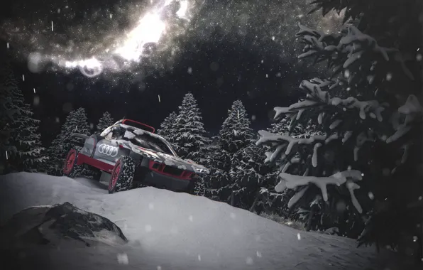 Audi, Winter, Snow, Tree, Merry Christmas, Merry Christmas, Audi RS Q e-tron, Virtual world tour