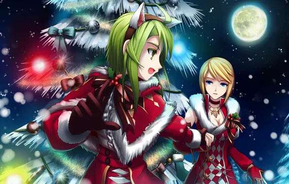 Picture joy, girls, holiday, the moon, tree, new year, ears, art