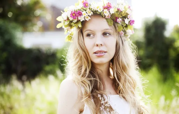 Girl, dress, eyes, bokeh, lips, hair, crown of flowers