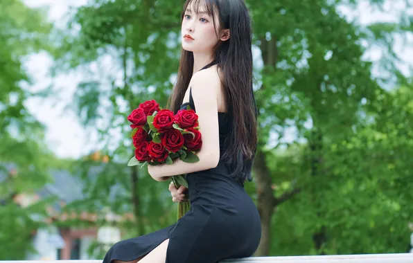 Beautiful, Asian, Model, Flower, Roses, Woman, Bouquet, Cute