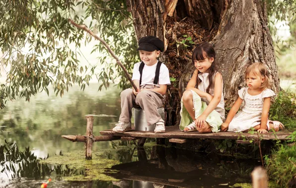Summer, trees, joy, children, river, each, stay, fishing