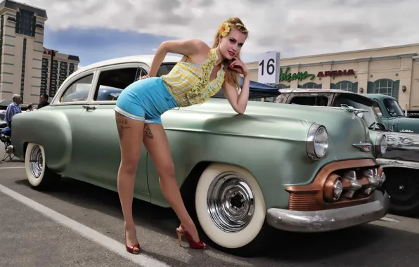 Girls, beautiful girl, posing on the car, retro cars