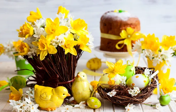 Flowers, eggs, spring, Easter, figurine, cakes, Spring, daffodils