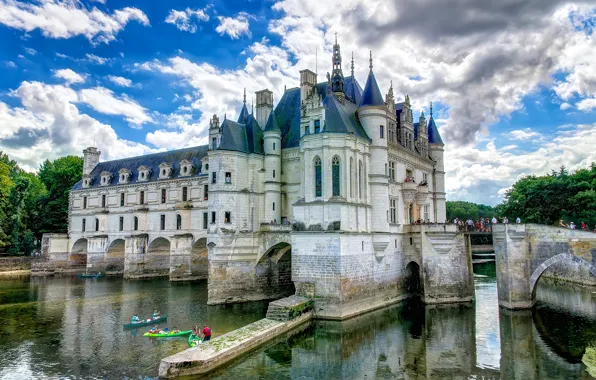 The sky, water, clouds, bridge, castle, France, channel, ditch