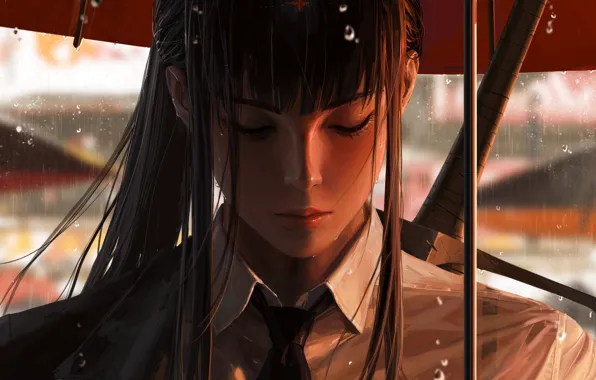 Girl, rain, sword, umbrella, guweiz