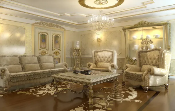 Picture room, sofa, furniture, interior, chair, chandelier