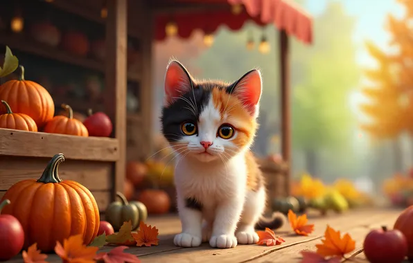 Autumn, cat, look, pose, kitty, Board, styling, pumpkin