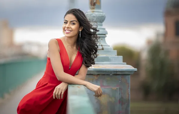 Girl, smile, brunette, lady in red, bokeh