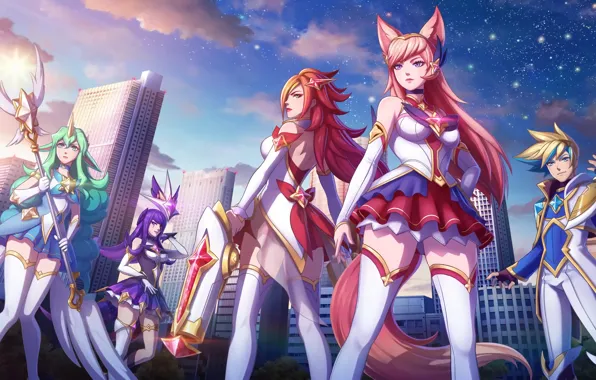 The city, Stockings, Art, League of Legends, LoL, Ahri, Artwork, Sorak