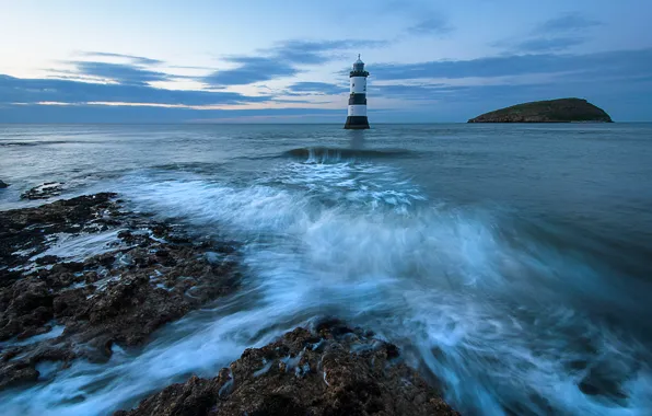 Sea, sunset, blue, stones, coast, lighthouse, island, horizon