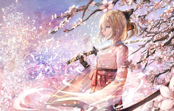 Girl, sword, katana, Sakura, art, saber, fate/stay night, sishenfan