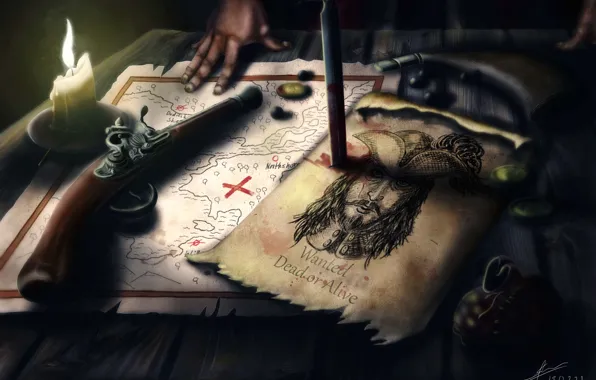 Table, map, candle, art, pirate, revolver, ad, search