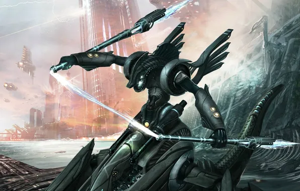 Picture water, face, weapons, building, ships, cyborg, art, cyborg