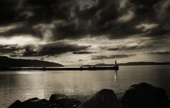 Lighthouse, Bay, Black and white