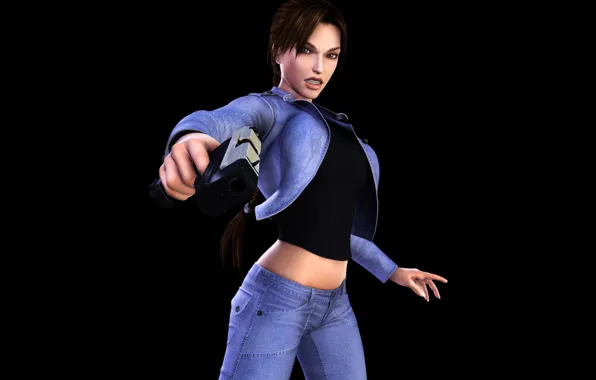 Picture girl, gun, weapons, Tomb Raider, black background, Lara Croft, jeans, Lara Croft