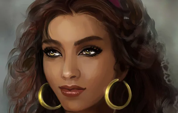 Picture look, face, hair, earrings, art, character, Esmeralda, Esmeralda