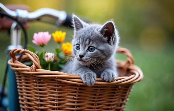 Cat, look, flowers, bike, pose, kitty, grey, legs