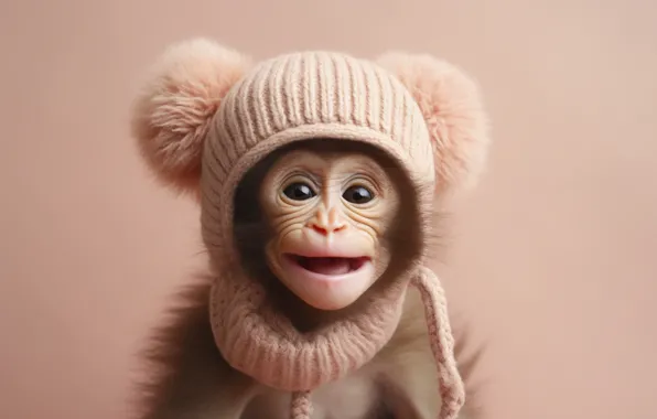 Language, smile, clothing, hat, portrait, monkey, mouth, fur