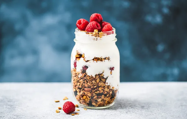 Berries, raspberry, table, food, Bank, cereals, dessert, blue background