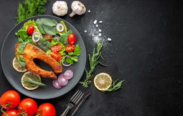 Greens, table, food, fish, plate, lemons, spices, submission