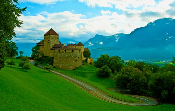 Road, summer, the sky, grass, clouds, trees, mountains, old