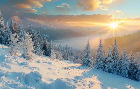 Winter, frost, forest, the sky, the sun, clouds, rays, light